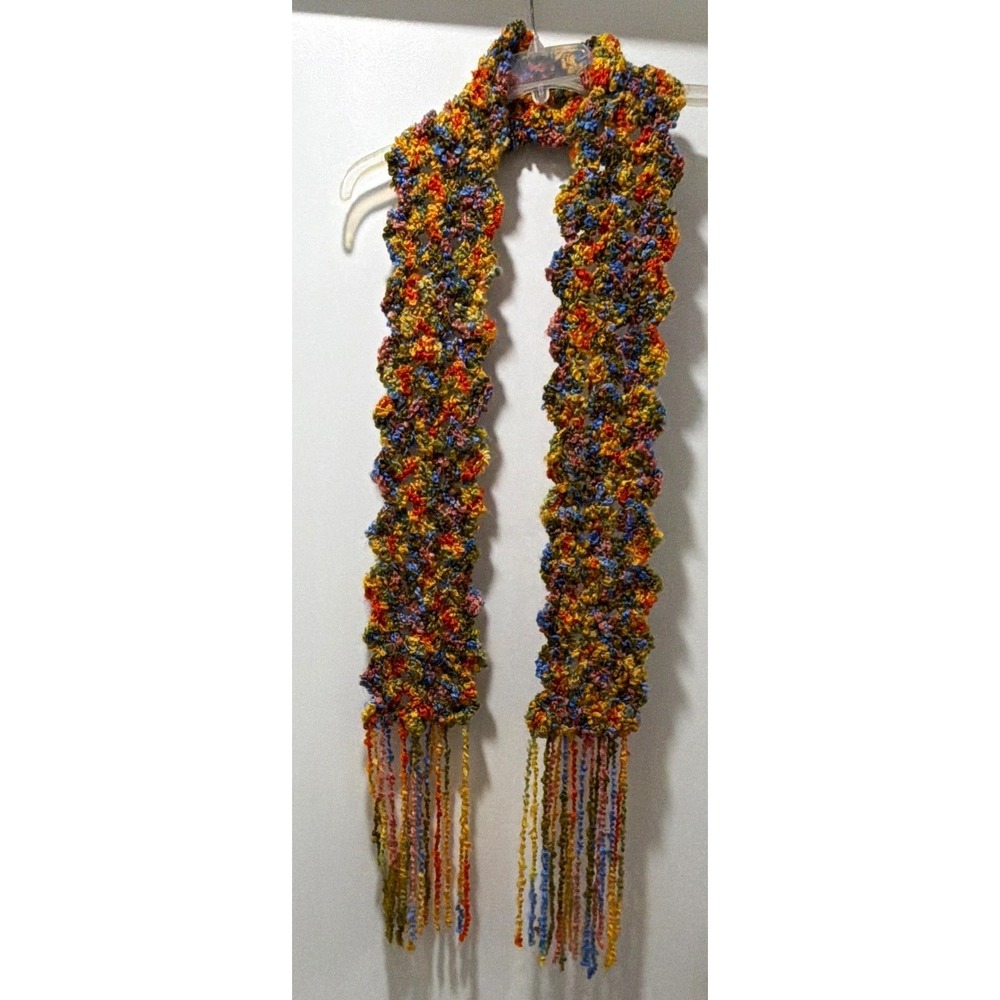 Handmade Crochet Scarf Multicolor Boho Textured Fringe 5"x64" Fall Hippie Y2K